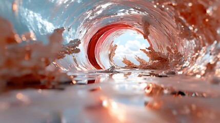 Poster - Dramatic view from inside of a wave tunnel with textured water details. Light reflects creating a dynamic and artistic perspective of the ocean's power and beauty. Sky view at the end