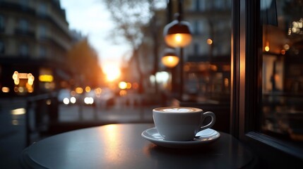 Poster - A warm cafe scene featuring a cup of coffee on a table with a blurred street view and golden hour lighting. Soft focus creates an inviting atmosphere