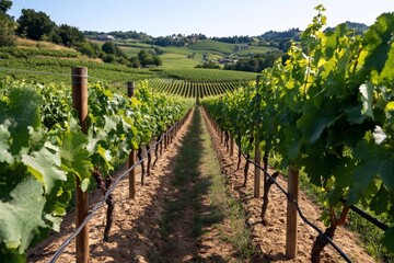 Leinwandbilder - Vineyard rows stretch towards the horizon under a bright sunny day. Green grapevines and lush foliage create a vibrant landscape. Rustic wooden posts and a clear blue sky complete the scene