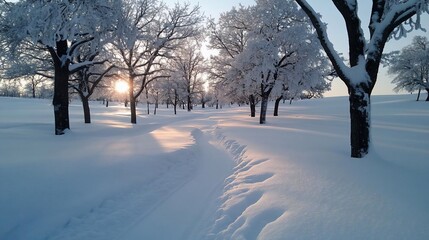 Leinwandbilder - Sunlight illuminates a snowy forest path, casting long shadows across the pristine white snow, creating a serene and tranquil winter scene