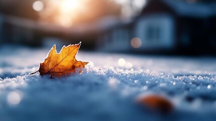 Aufkleber - Close-up of a golden autumn leaf resting on a bed of fresh snow under warm sunlight evoking a sense of tranquility and the beauty of seasonal change