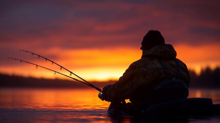 Leinwandbilder - Silhouette of a person fishing at sunset reflecting on the water's surface. Warm orange and red hues dominate the sky creating a peaceful and serene atmosphere