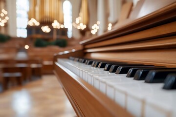 Poster - Close-up view of a piano keyboard with wooden casing inside a church or hall. Soft lighting and a blurred background highlight the interior space