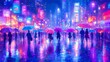 © Bagas - Rainy city night, vibrant lights, people with umbrellas