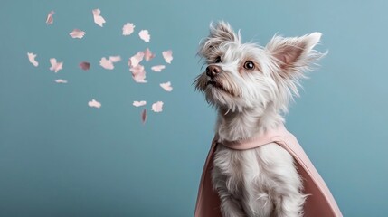 Poster - Small white dog wearing a pink cape looks up at floating pink petals against a teal background