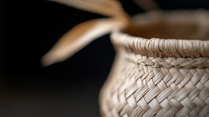 Aufkleber - Close-up of a handcrafted woven basket in natural tones against a dark background showcasing texture and detail