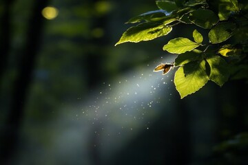 Leinwandbilder - Sunlight streams through forest leaves creating a bright and airy atmosphere with sparkling dust motes. The image showcases the beauty of nature's light and shadow play