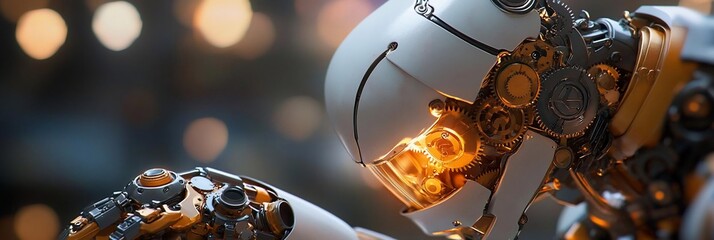 Poster - Close-up shot of futuristic robotic head with metallic textures against a blurred background golden illumination. The scene has a sense of advanced technology and detailed mechanical design