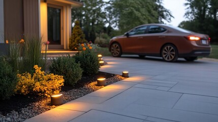 Poster - Evening outdoor scene featuring a house with warm lighting illuminating a pathway and surrounding greenery. A parked car adds depth to the composition