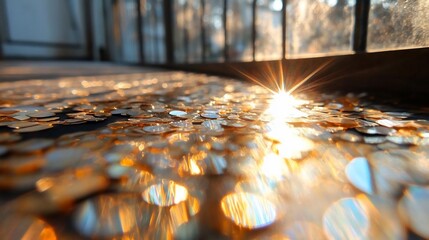 Aufkleber - Golden light sparkles over an abstract foreground with bokeh effects. Sunlight streams through a window, creating a warm and inviting atmosphere. The scene is filled with shimmering particles and