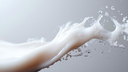Leinwandbilder - Dynamic splash of white liquid with droplets against a soft gray background creating a sense of freshness and movement