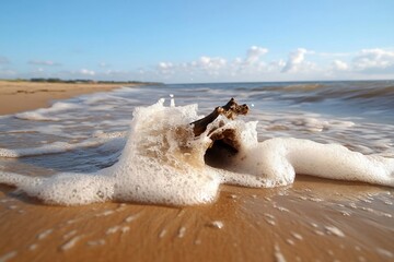 Aufkleber - Close up shot of ocean wave splashing over driftwood on sandy beach under a clear blue sky. Soft focus on water creating bubbles. Coastal scene with natural light