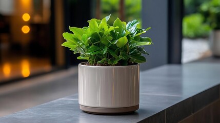 Poster - A potted plant with vibrant green leaves sits on a dark surface. The light-colored pot contrasts against the dark background. Focus is on the plant, showing texture and details. Soft lighting