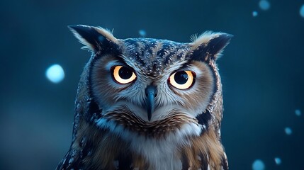 Aufkleber - Close up portrait of a bird features glowing orange eyes and intricate feather details set against a blurred blue bokeh background simulating snowfall creating a magical atmosphere
