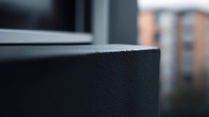 Poster - Close-up shot of a dark grey textured surface with building and sky in background. Focus on the corner details and building blur
