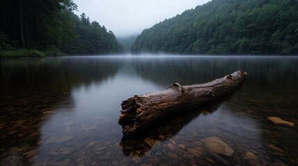 Leinwandbilder - Tranquil lake scene with mist and forested hills in the background and a submerged log in the foreground. Calm water reflects the scenery creating a sense of serenity and stillness