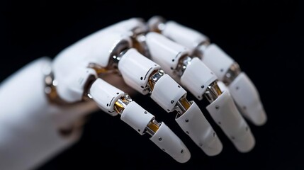 Aufkleber - Close up of a robotic hand on a black background showcasing intricate mechanical details. The hand is white and metallic with visible joints and a futuristic aesthetic