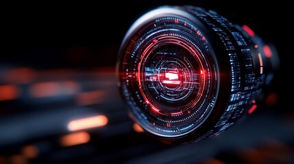 Fototapete - Abstract digital circular design with glowing red and blue elements in a dark background creating futuristic atmosphere