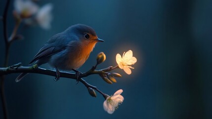 Aufkleber - A small bird perched on a branch with illuminated white flowers against a dark blue background creates a tranquil scene. The bird's feathers are detailed and the light adds a serene atmosphere