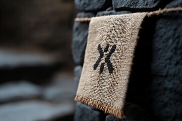 Leinwandbilder - Close up shot of a burlap banner with a dark symbol hanging on a rough stone wall. The banner features a textured design with a frayed edge and a simple symbol