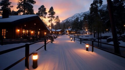 Poster - Snowy pathway illuminated by warm lights leading to a cozy structure nestled amid snow-covered trees at sunset in a winter landscape