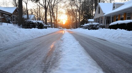 Poster - A snow covered road in a residential neighborhood during sunset with orange and yellow hues reflecting on the wet road surface and snow covered houses