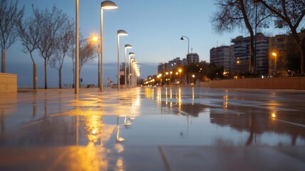 Aufkleber - A wet urban landscape at dusk featuring reflecting street lights and buildings in the background creating an atmospheric scene with a shallow depth of field