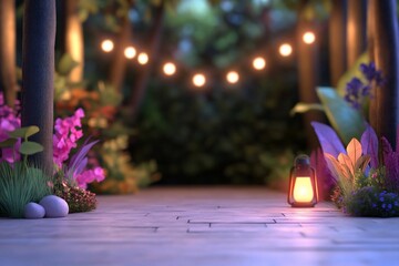 Aufkleber - Enchanted forest pathway with glowing string lights lanterns and vibrant flowers leading to a mystical atmosphere blurred background with selective focus