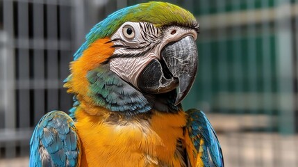 Poster - Close-up portrait of a macaw parrot showcasing vibrant blue yellow and green plumage with detailed feathers and a sharp beak with blurred background
