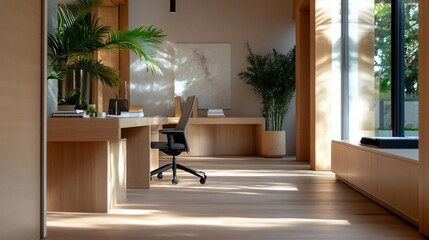 Poster - Interior view of modern home office with wooden furniture natural light and green plants in a minimalist style