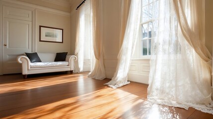 Poster - Elegant interior with sunlight streaming through sheer curtains illuminating a white sofa and wooden floor creating a warm and inviting atmosphere