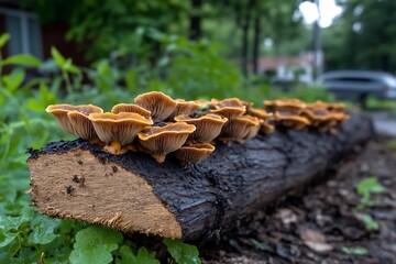 Poster - Close-up view of orange and brown mushrooms growing on a weathered log in an outdoor setting surrounded by green plants and blurred background
