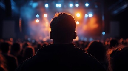 Poster - A person watches a performance stage with lights in a crowd of people. Warm and cool tones create a vibrant and energetic atmosphere. Focused on the back of a person's head in a dimly lit setting