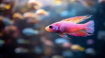 Aufkleber - A vibrant pink fish with orange fins swims gracefully through a blurred underwater environment. The focus is sharp on the fish showcasing detailed pixelated textures.  The bokeh background adds depth
