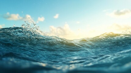 Poster - Close-up shot of ocean waves cresting against a bright sky. The water appears deep blue with splashes of white as it moves towards the viewer under a partially cloudy sky