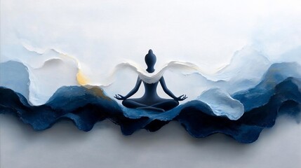 Poster - Serene illustration of a meditating figure amidst flowing abstract waves in shades of blue and white. The artwork evokes tranquility and spiritual contemplation, suitable for meditation and wellness