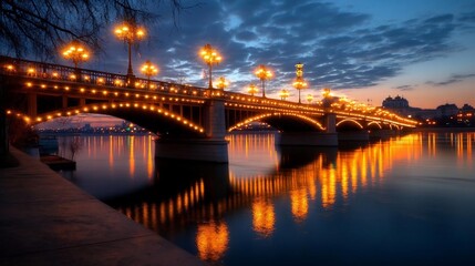 Poster - Nighttime cityscape with illuminated bridge reflecting in calm water under a twilight sky. Streetlights and city lights create a warm glow in this urban scene