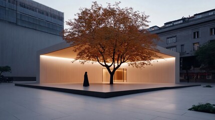 Poster - An illuminated architectural structure featuring a vibrant autumn tree. The composition is framed within a contemporary building setting showcasing warm lighting and a statue. Evening ambient light