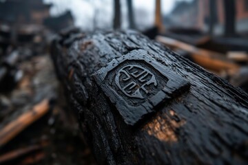 Poster - Close-up of a weathered wooden beam with an embossed symbol amidst charred debris revealing a scene of destruction and loss dark tones create a somber atmosphere of the environment