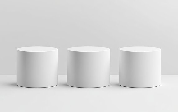 Three white cylindrical podiums on a white background. (2)