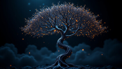 Poster - shimmering metallic tree with glowing branches stands against dark background, evoking sense