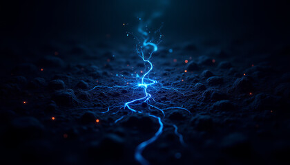 Poster - mesmerizing blue electric current flows through dark, textured surface, creating captivating