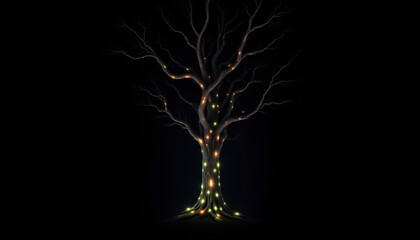 Poster - dark, illuminated tree with colorful lights wrapped around its branches, creating magical