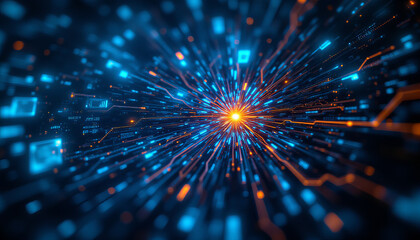 Poster - Digital explosion of light and data, showcasing vibrant blue and orange colors