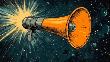 Wall Mural - Person holding a megaphone with viral content shooting out into space,generative ai illustration