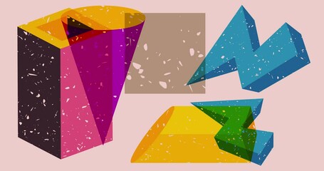 Poster - Colorful geometric shapes animation. Object in trendy riso graph design. Geometry elements abstract risograph texture style video.