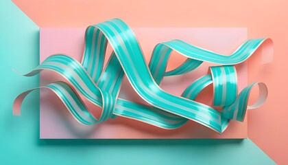 Poster - A playful dance of turquoise and rose striped ribbons swirling on a pastel pink and mint platform, a vibrant burst of color and movement.