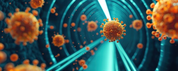 Poster - A vibrant illustration of viral particles suspended in a futuristic tunnel, showcasing microscopic structures and emphasizing a high-tech visual aesthetic.