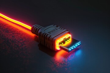 Poster - Neon Glowing Cable Connection: Futuristic Technology