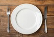 © District - Empty plate and cutlery on wooden table (1)